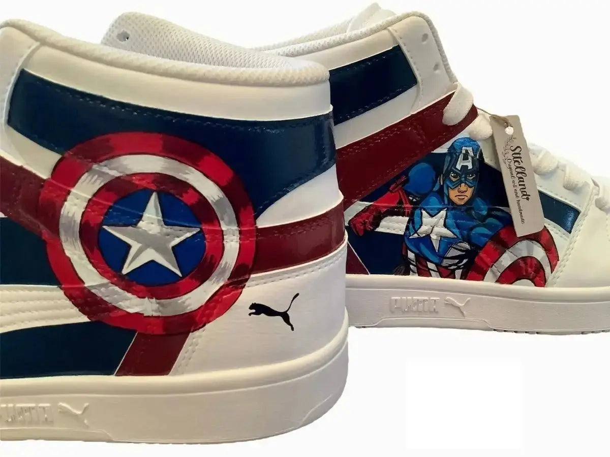 Hand Painted Artwork - Puma Tennis shoes Captain America and Shield First Avenger - Marvel Sttelland Boutique