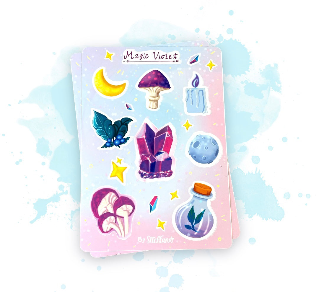 Magic Violet Sticker Sheet - Mushroom, Love Potion, Moon, Stars, Candles and planets Sttelland Boutique